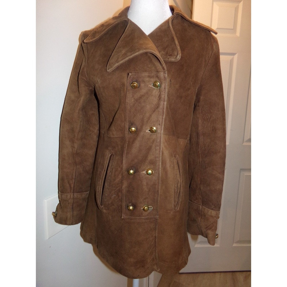 Vintage 1960s - 70s Brown Suede Double Breasted Peacoat  S